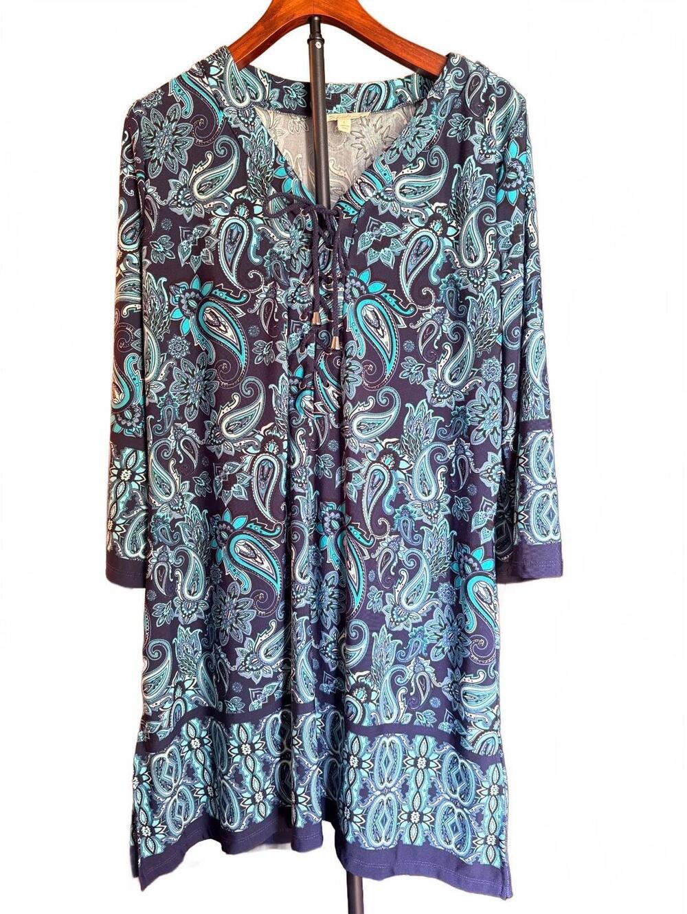 Blue Patterned Lace-up Neck Paisley Dress by Sandiva L